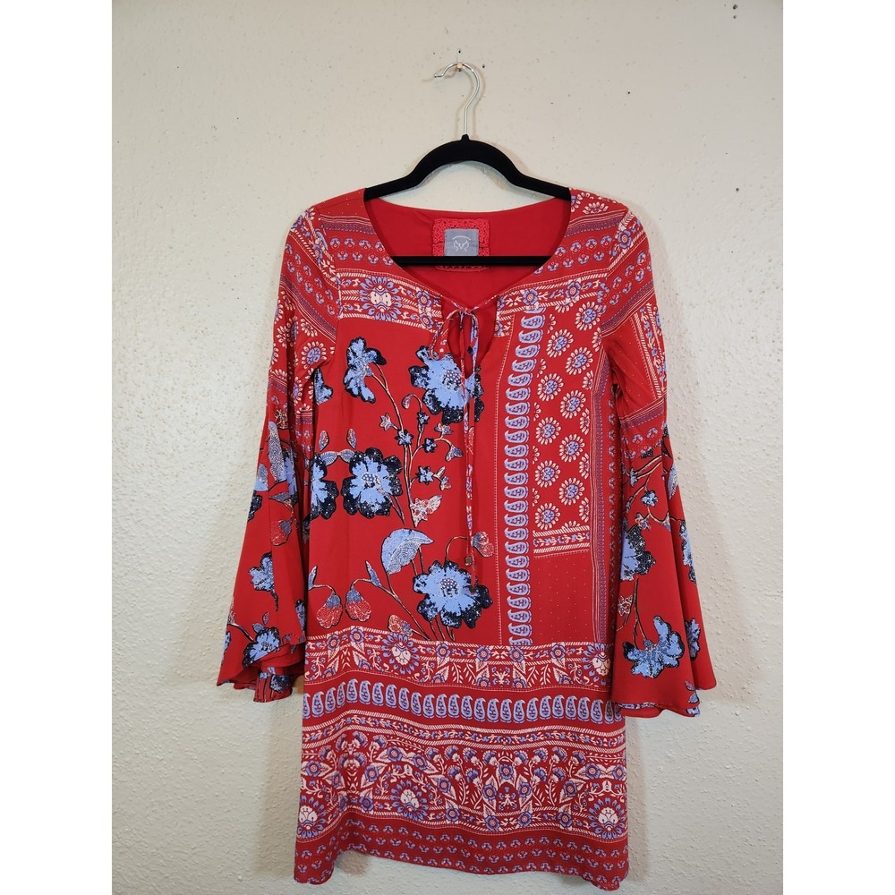 Vanessa Virginia Womens 2 Red Silk Floral Paisley Bell Sleeve Boho Mini Dress